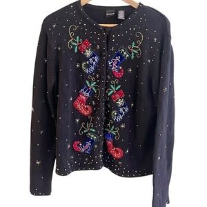 VTG Erika Black‎ Christmas Beaded Embroider Stocking Cardigan Sweater Large Read